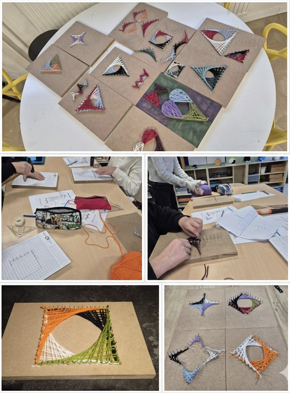 Spijkerkunst met wol in de vorm van een parabool gemaakt door groep 8 leerling.